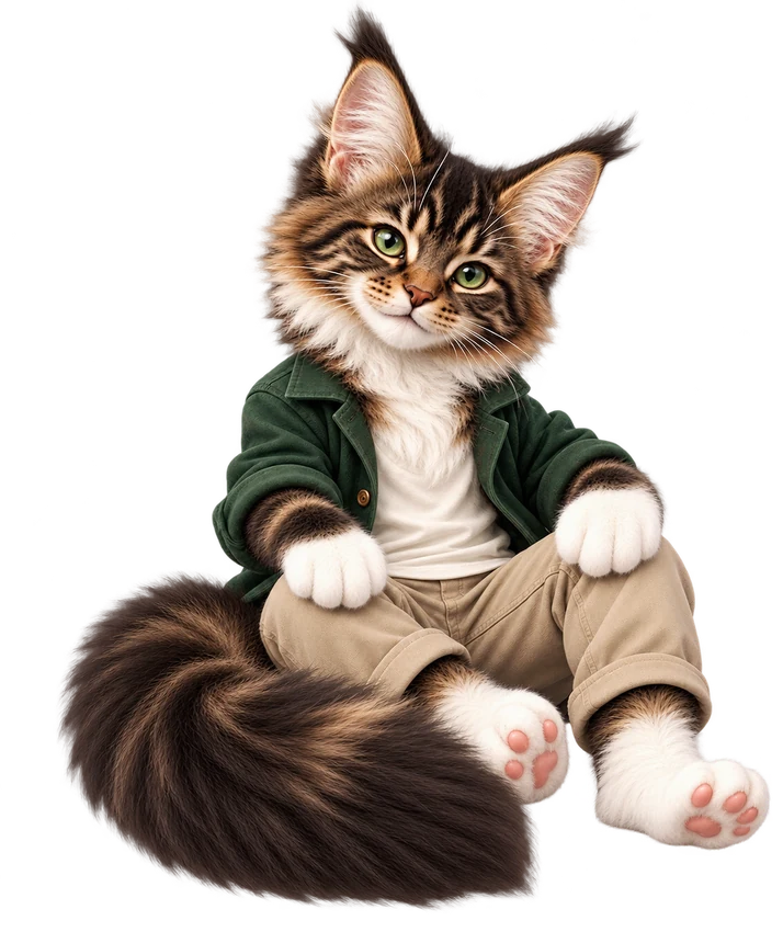 Whisker, a black tabby Maine Coon with a white chest and paws